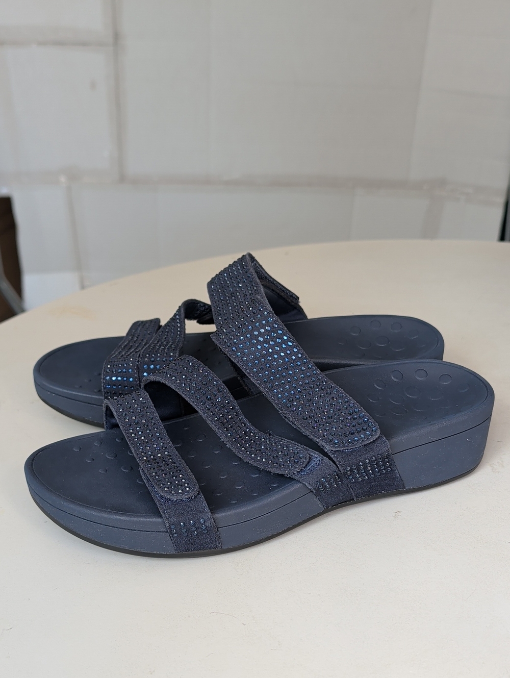 Vionic Navy Slide Sandals  Sparkle Straps Adjustable Sz11 Walking Vacation Comfy